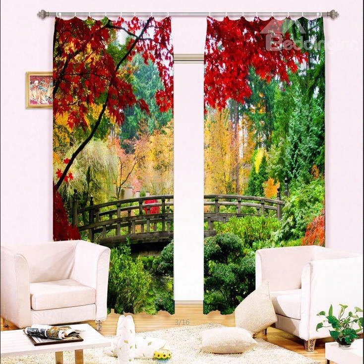 3d Wooden Bridge And Red Trees Nature Scenery Printed Thick Polyester Custom Curtain