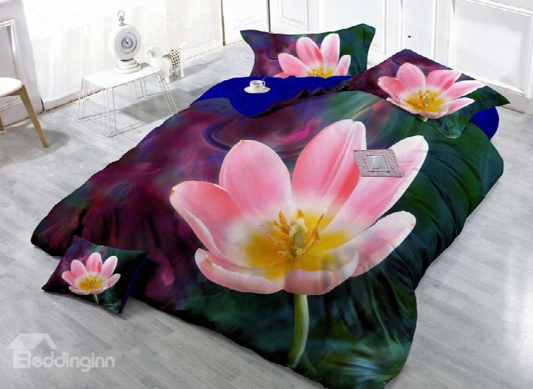Adorable Pink Flower Digital Print 4-piece Cotton Silky Duvet Cover Sets