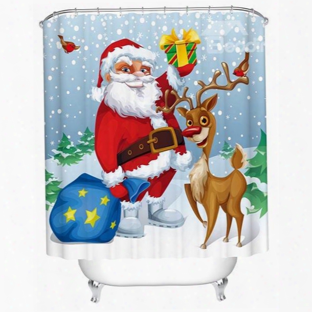 Estimable Sweet Santa And Cute Deer Printing 3d Christmas Theme Shower Curtain
