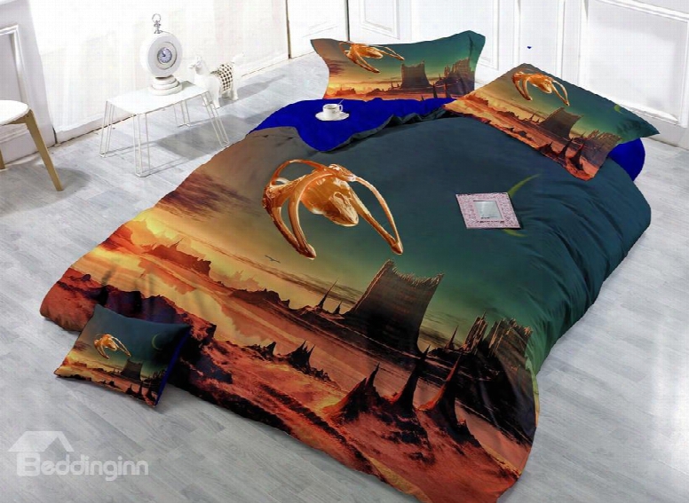 Alien Landscape Digital Print 4-piece Cotton Duvet Cover Set