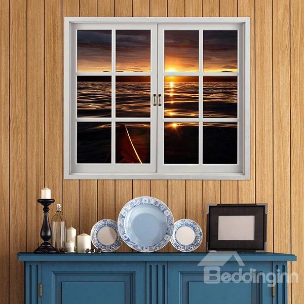 Amazing Sunset In The Seawater Window View Removable 3d Wall Sticker