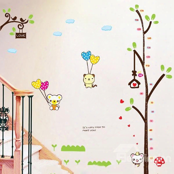 Bear With Balloon And Tree Print Kids Height Measu Rement Wall Decal