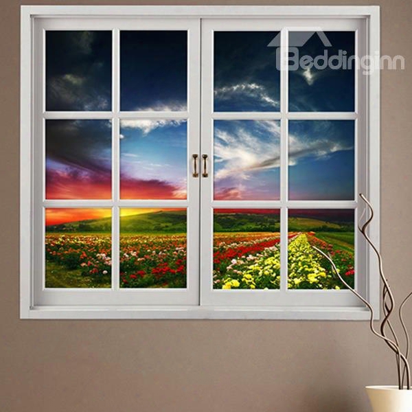 Beautiful Colorful Flowers Field Window View Removable 3d Wall Sticker