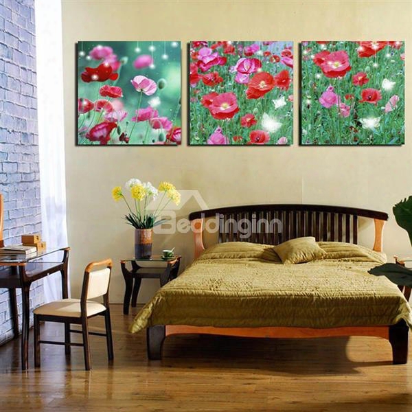 Beautiful Red Flowers In Green Grassland 3-panel Canvas Wall Art Prints