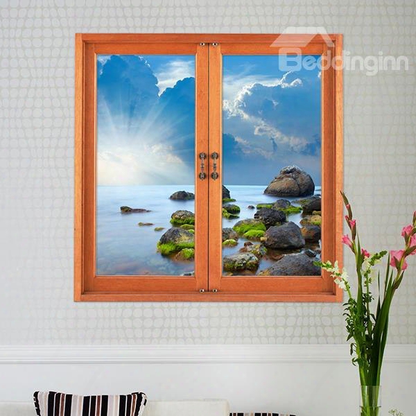 Beautiful Seashore And Rocks Window View Removable 3d Wall Stickers