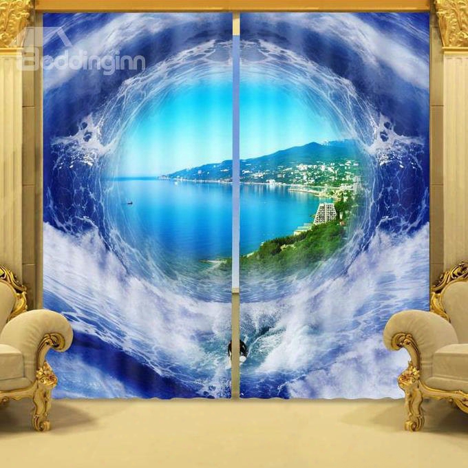 Beautiful Seaside View Sunlight Blocking 3d Curtain