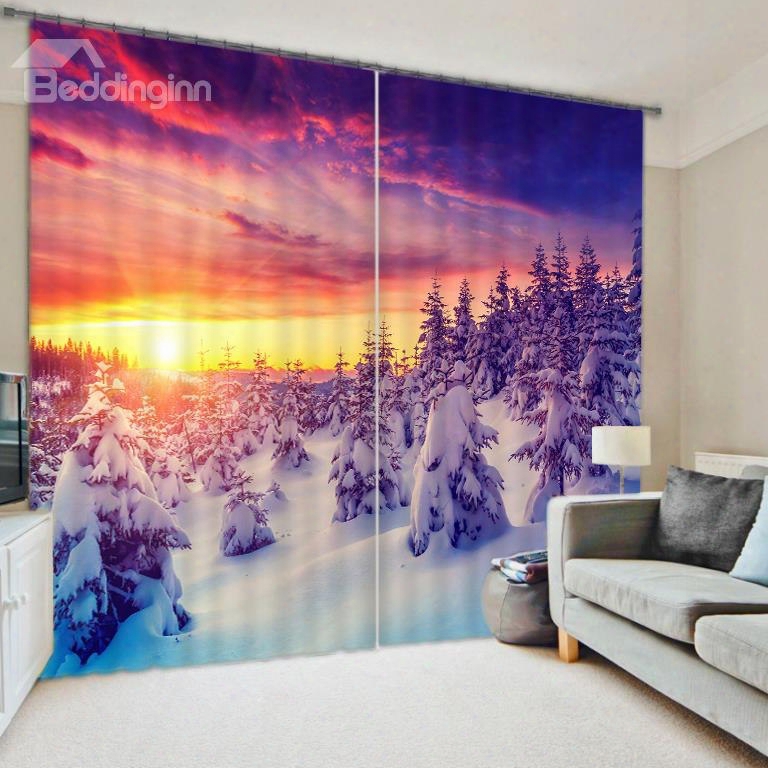 Beautiful Snowy Forest Sunrise Scenery Printing Decorative Ustom Living Room 3d Curtain