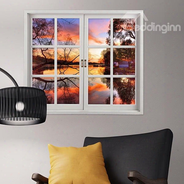 Beautiful Sunset In  A Lake House Window View Removable 3d Wall Sticker