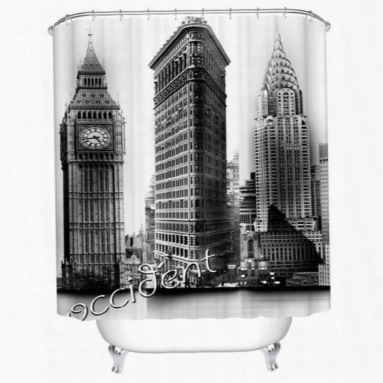 Black And White Big Ben Print Waterproof Shower Curtian