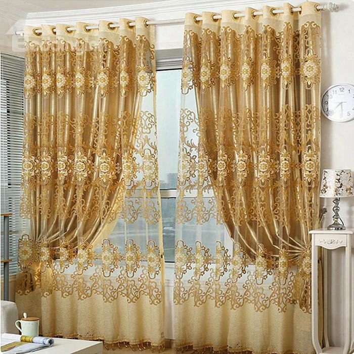 Blackout And Decorative Polyester Golden Color Beautiful Damask Pattern Modern Style Sheer Curtain