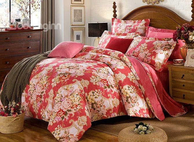 Bright Big Peonies Pattern Red 4-piece Cotton Duvet Cover Sets
