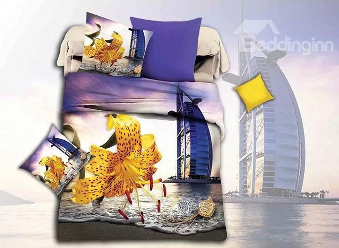 Bright Yellow Flower And Scenery Print 4-piece Duvet Cover Sets