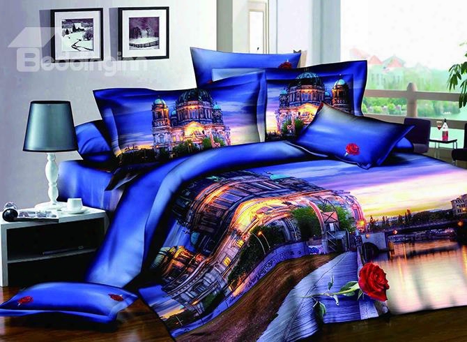 Castle Scenery Print Blue Background 4-piece Cotton Duvet Cover Sets