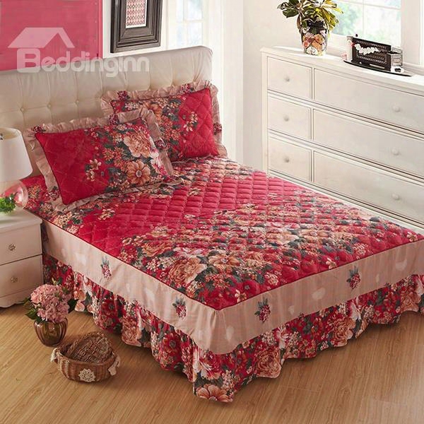 Charming Flowers And Countryside Style Cotton Bed Skirt