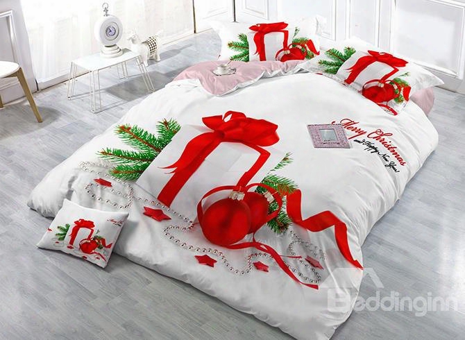 Christmas Gift Print Satin Drill 4-piece White Christmas Duvet Cover Sets