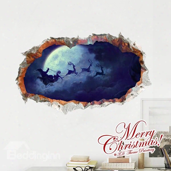 Christmas Santa Claus Night Sky Rides In The Moon Removable 3d Wall Sticker