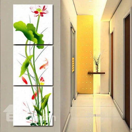 Classic Lotus Flower And Leaf Entrance Hall Decoration Framed 3-panel Wall Art Print