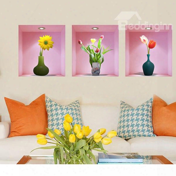 Colorful Flowers In Vase Surrounded By Pink Background 3 -piece 3d Wall Stickers