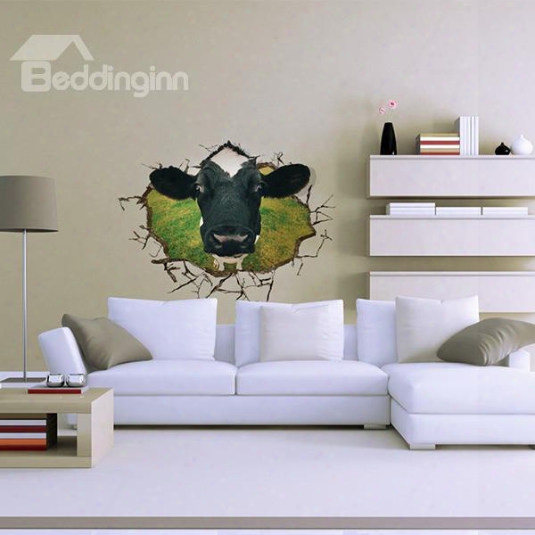 Cow Poke Its Head Through Wall Hole Removable 3d Wall Sticker