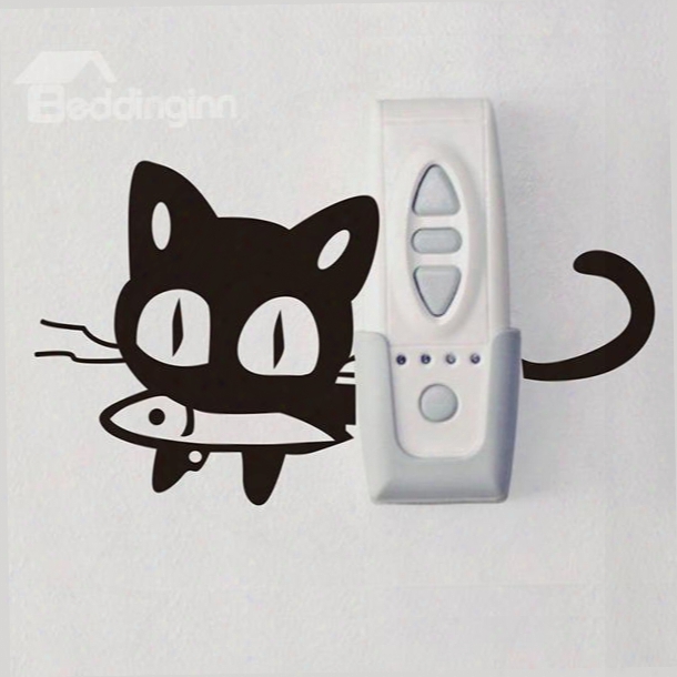 Creative Cat With Fish In Mouth Light Switch Removable Wall Sticker