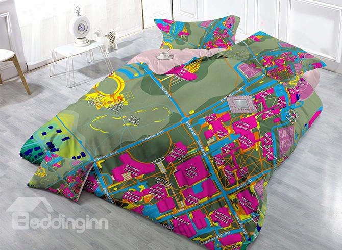 Creative City Traffic Line Print Satin Drill 4-piece Duvet Cover Sets