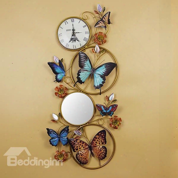 Creative Versatile Ironworks Butterfly Decoration With Mirror Wall Clock