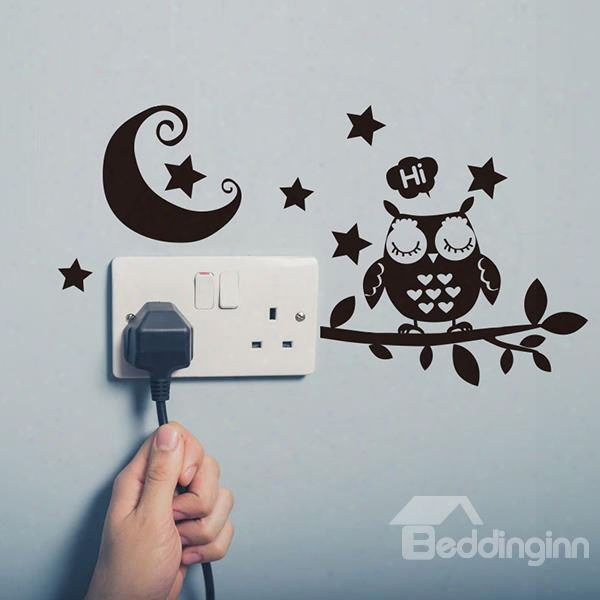 Cute Cartoon Owl On A Branch And The Moon 2-piece Light Switch Sticker