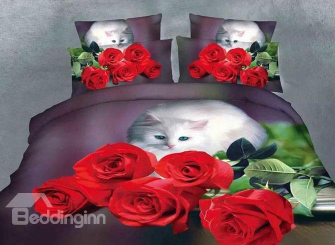 Cute Cat Tsaring Rose Print Polyester 4-piece Duvet Cover Sets