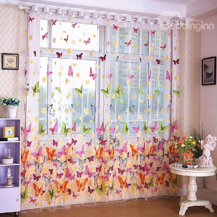 Decorative And Shading Polyester Colorful Butterflies Printed Pastoral Style Sheer Curtain And Drapes