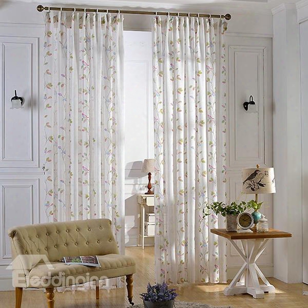 Decorative Linen And Polyester Birds And Flowers Fresh Style 2 Panels Sheer And Drapes