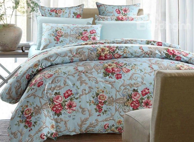 Deluxe Graceful Floral Cotton Blue 4-piece Duvet Cover Sets