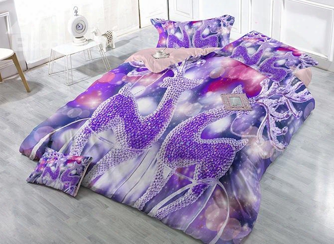 Dreamlike Purple Reindeer Print Satin Drill 4-piece Christmas Duvet Cover Sets