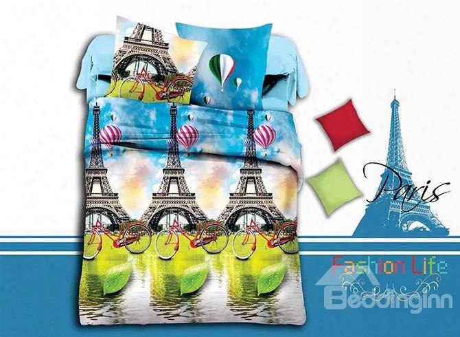 Eiffel Tower And Bicycle Print 4-piece Polyester Duvet Cover Sets