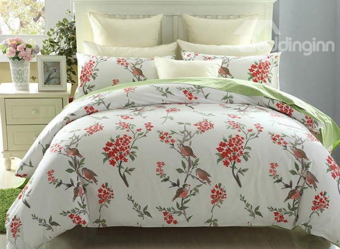 European Pastoral Style Birds Red Flower 4-piece Cotton Duvet Cover Sets