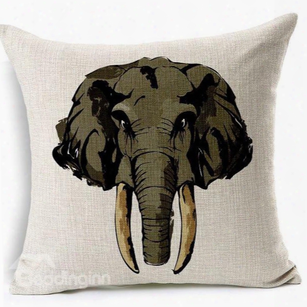 European Style Elephant Print Cotton Linen Throw Pillow