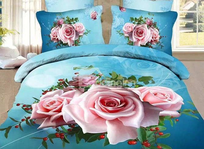 Fancy Pink Flowers Print Sky Blue 4-piece Polyester Duvet Cover Sets