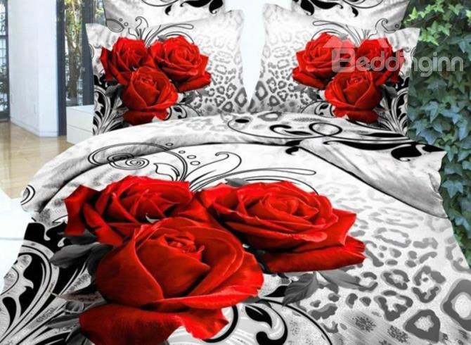 Fancy Three Red Roses Print Fitted Sheet