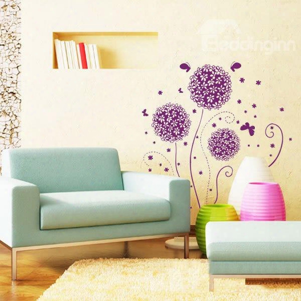 Fantastic Purple Flower Ball And Butterfly Removable Wall Sticker