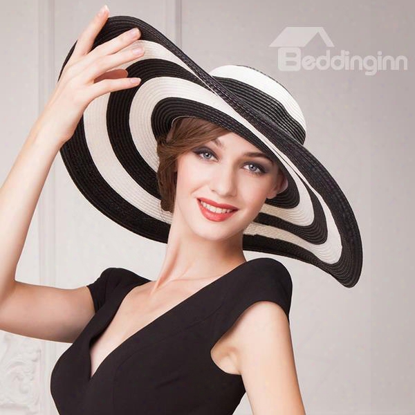 Fashion Broad Brim Women's Summer Beach Striped Floppy Straw Hat