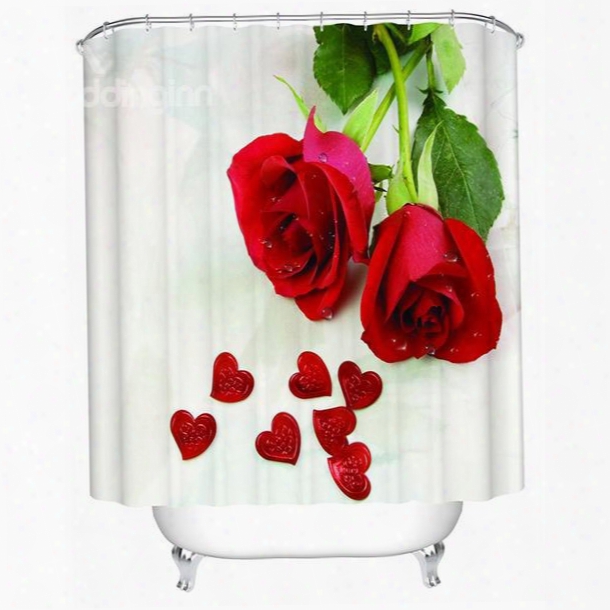 Fashion Concise Red Rose And Heart-shaped Printing 3d Shower Curtain