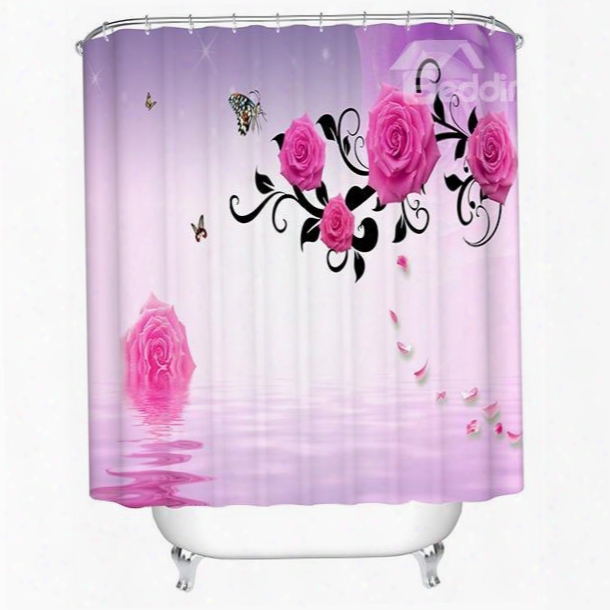 Fashion Concise Romantic Pink Rose And Butterfly 3d Shower Curtain