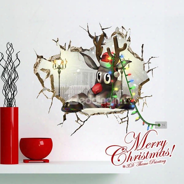 Festival Christmas Cartoon Reindeer Through Wall Hole 3d Wall Sticker