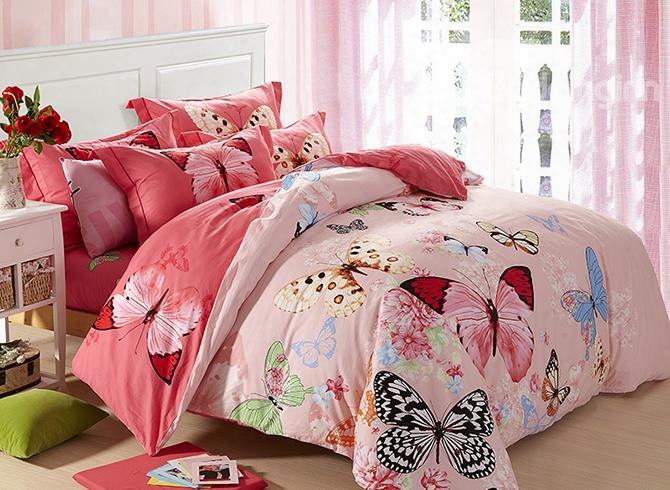 Flying Butterflies Flowers Printed Cotton Pink 4-piece Bedding Sets/duvet Cover