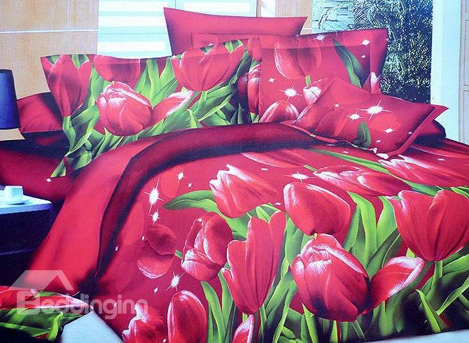 Gorgeous Red Tulips Print Skin-care 4-ppiece Polyester Duvet Cover Sets
