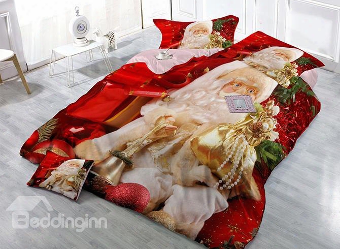 Gracious Father Christmas Carrying Gift Print Red 4-piece Christmas Duvet Cover Sets