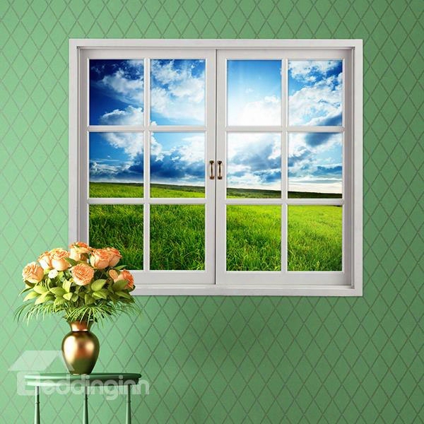 Green Grass Field Under Clear Blue Sky Window View Removable 3d Wall Sticker