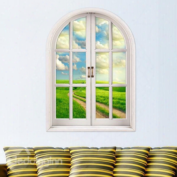 Green Grassland Under White Cloud Window View Removable 3d Wall Stickers