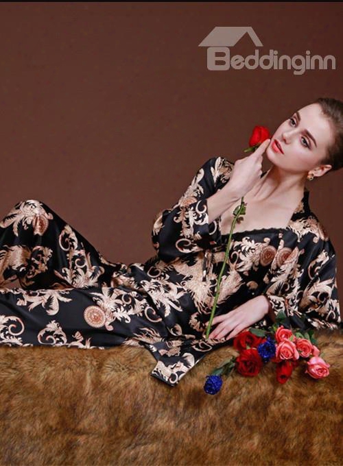 Luxury Noble Print 3-piece Imitated Silk Pajama Set