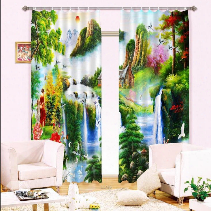 Mountains And River Peaceful Nature Scenery Printing 2 Panrls Custom 3d Curtain