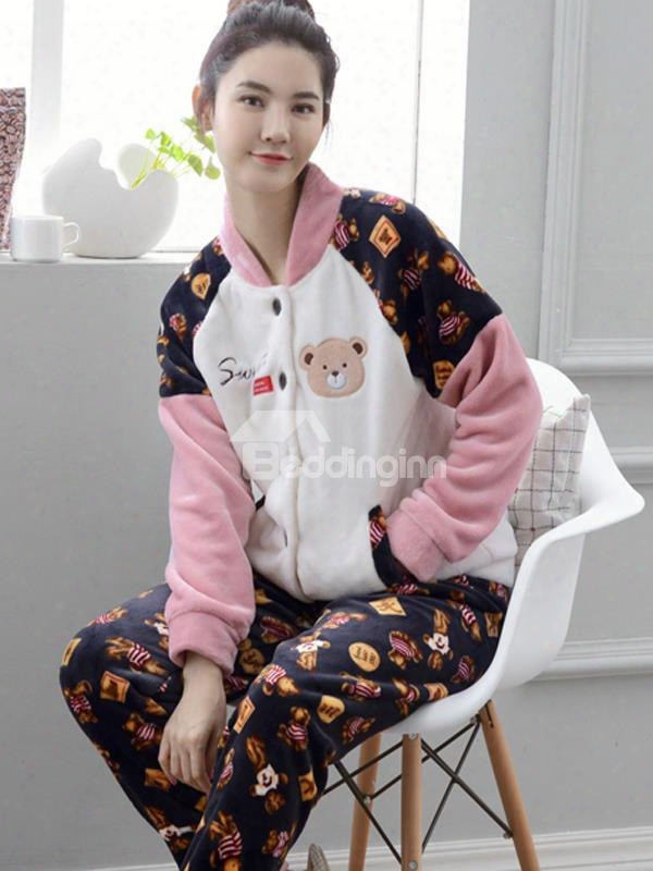 New Leisure Style Little Ear Pattren Flannel Pajamas Sets